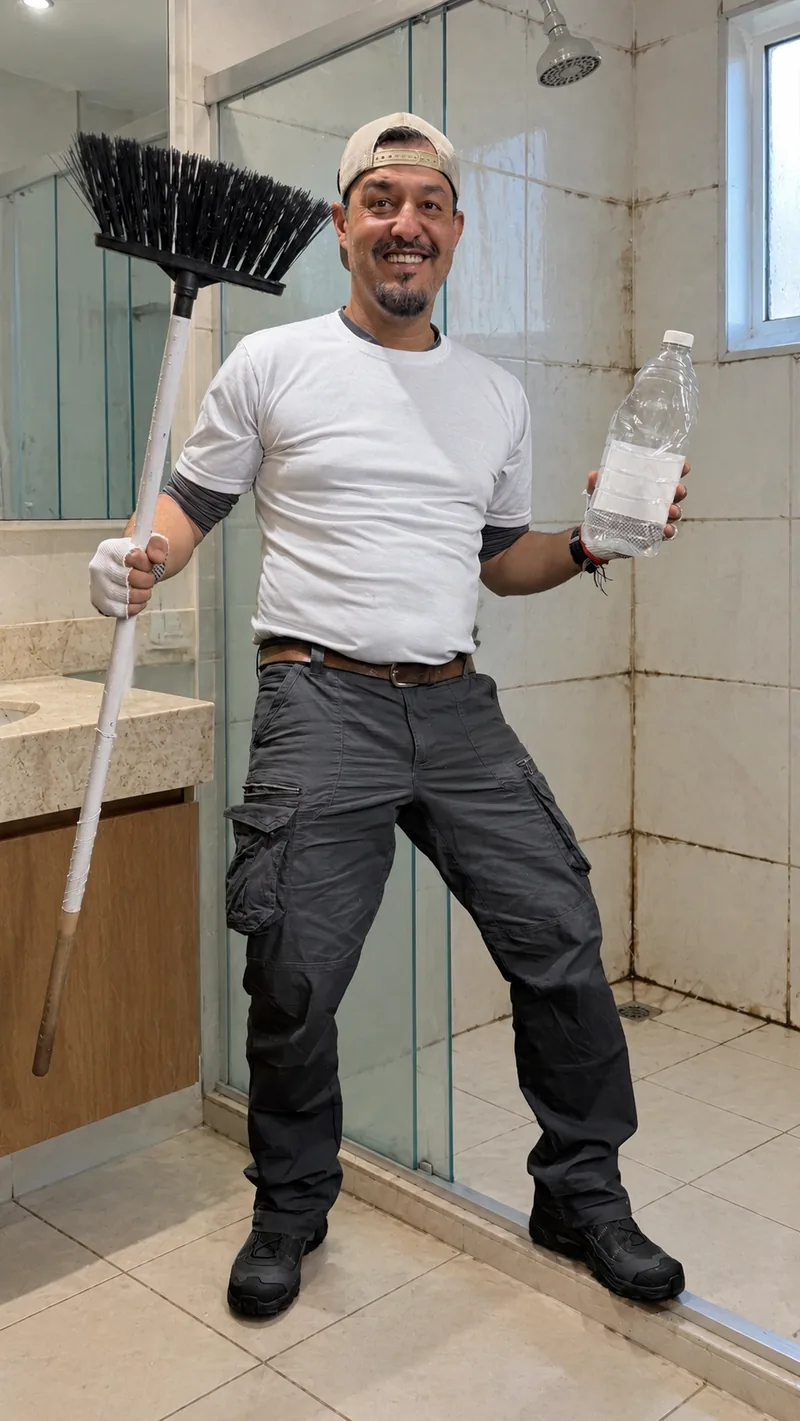 Rodrigo Benine num banheiro, segurando uma vassoura e uma garrafa de produto de limpeza