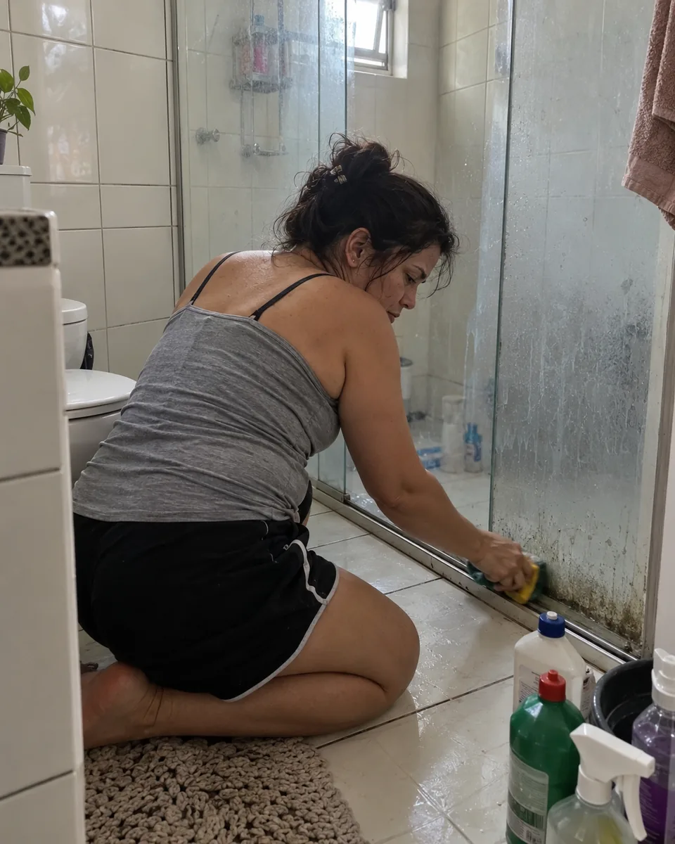 Mulher ajoelhada esfregando a parte de baixo do box embaçado