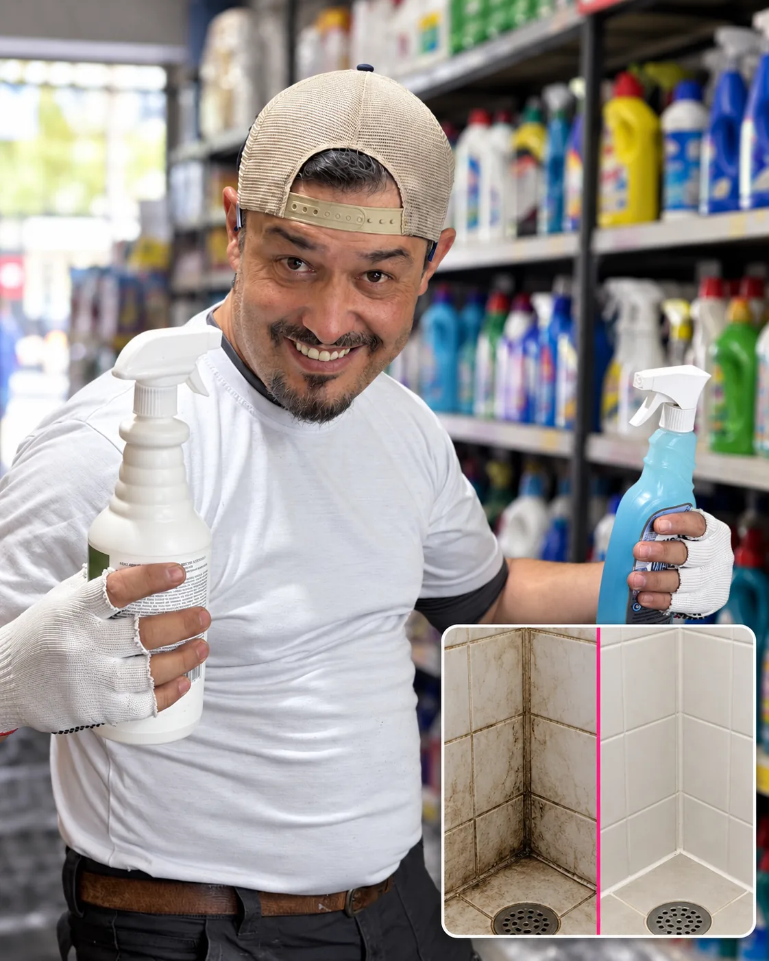 Rodrigo Benine na loja, entre prateleiras de produtos de limpeza, segurando dois borrifadores